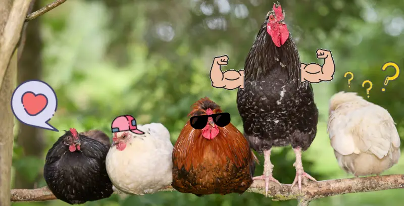 Chickens perched on a branch, with funny stickers on their heads